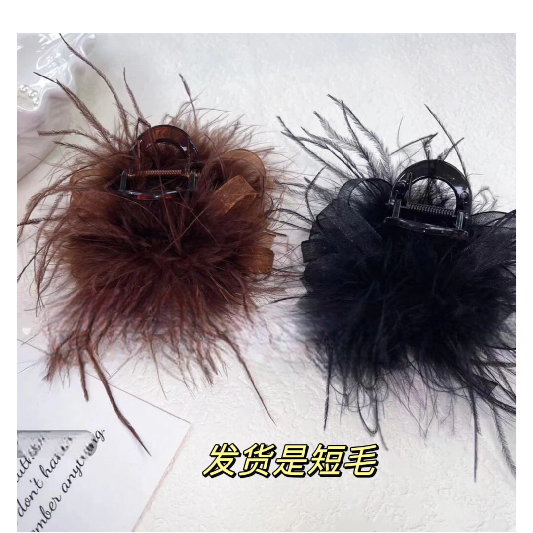 2024 新款蝴蝶結黑色羽毛抓夾女後腦勺秋冬高級感鯊魚夾毛毛髮夾