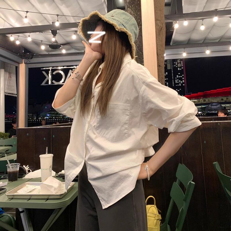会凹造型的白衬衫秋季新款休闲百搭白色休闲翻领泡泡袖收腰衬衣女|undefined
