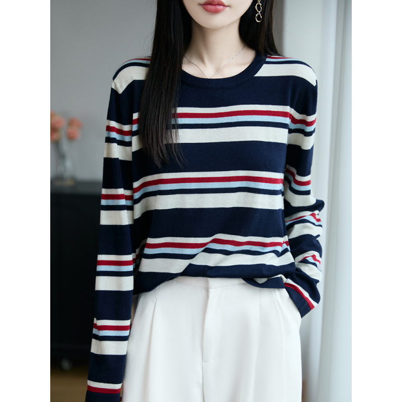 2025 Early Autumn New Fine-Spun Wool Crew-Neck Knit Sweater Long-Sleeve Women's Color-Block Striped Loose Pullover Base Shirt 2025 Early Autumn New Fine-Spun Wool Crew-Neck Knit Sweater Long-Sleeve Women's Color-Block Striped Loose Pullover Base Shirt
