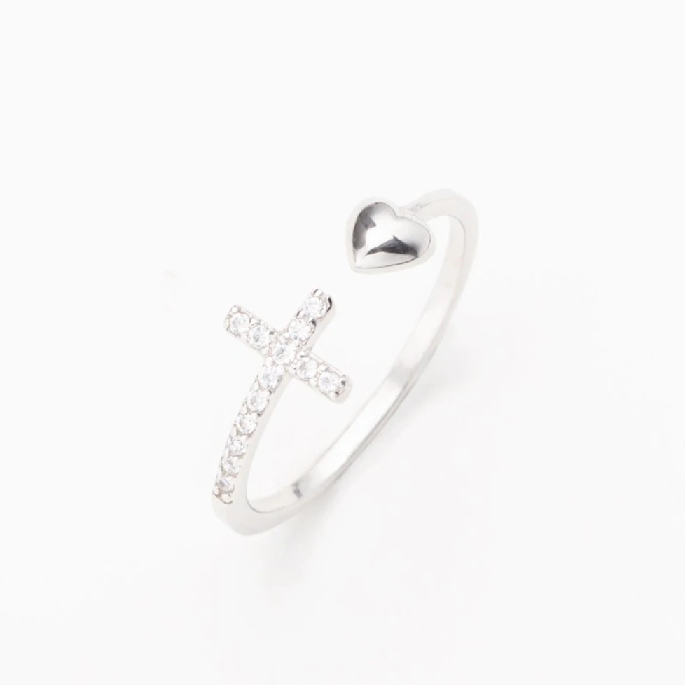 Fashion Cross Heart Shape Copper Plating Inlay Zircon Open Ring 1 Piece