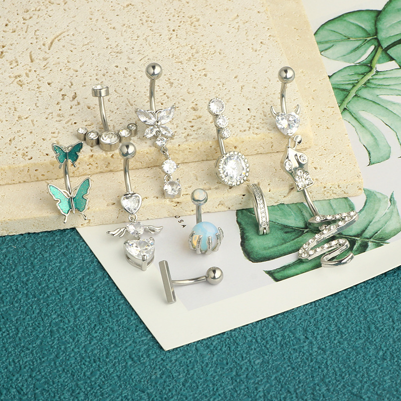 Amazon New Inlaid Zircon Love Belly Button Ring Butterfly Inverted Belly Button Nail Snake Belly Button Ring Piercing Jewelry 10 Pieces detail image 13