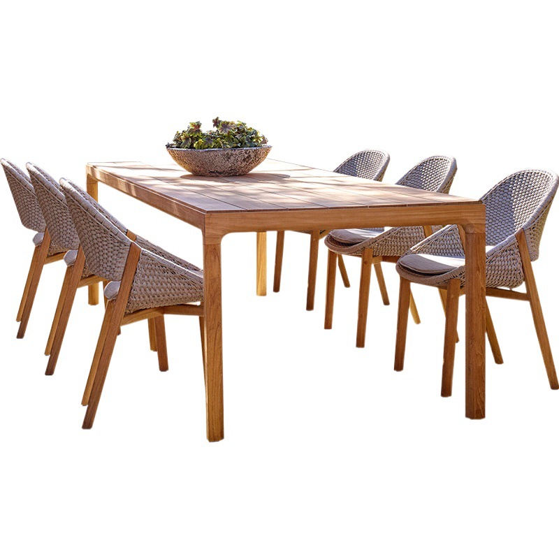 Mesas y sillas de teca para exteriores, muebles de madera anticorrosivos para patio de villa, conjunto de sillas de ratán de madera maciza para ocio al aire libre en hoteles.