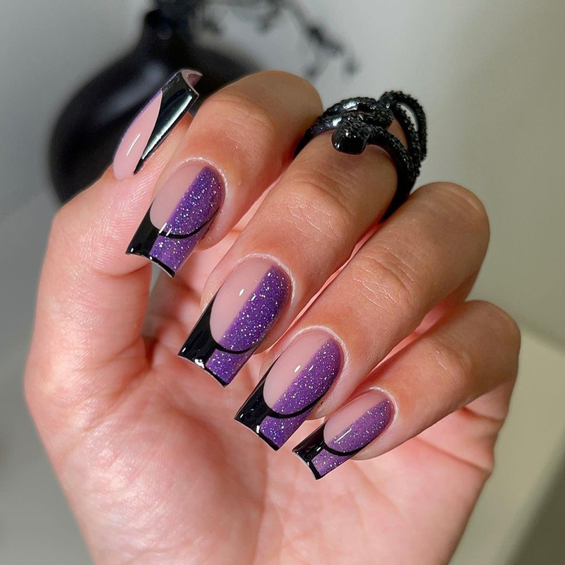 French-Style European and American Black and Purple Patchwork Wearable Nails, Mid-Length Square Nails, Autumn and Winter Brightening High-Cold Nails, Fake Nails