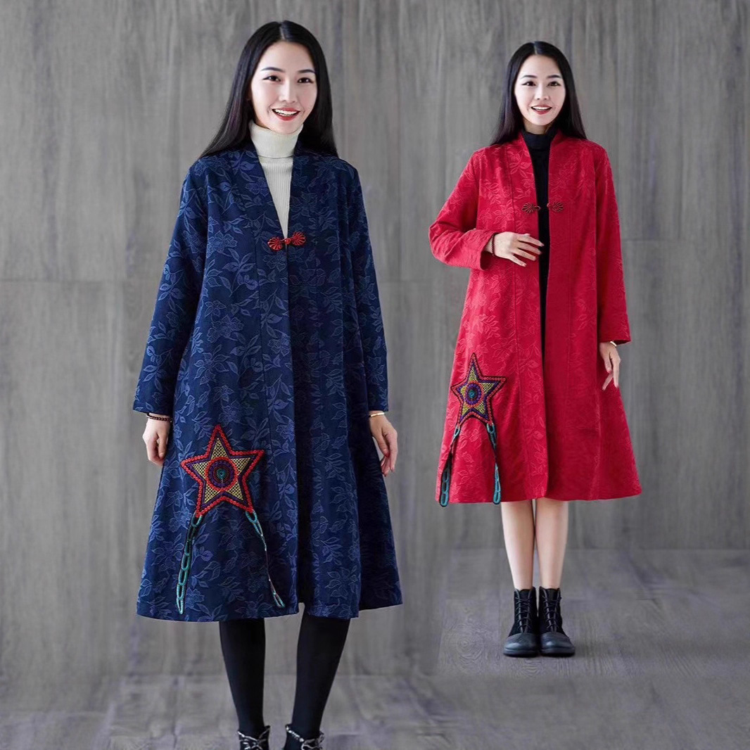 棉麻外套民族风新中式五角星红色提花四季女宽松刺绣时尚百搭女装