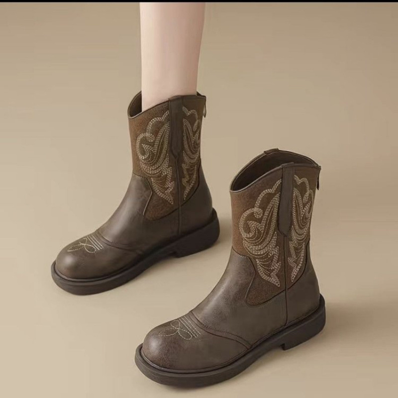 2025 New Embroidered Thick-Heeled Thick-Soled Western Cowboy Boots British Style Fashionable Versatile Martin Boots Knight Boots Short Boots