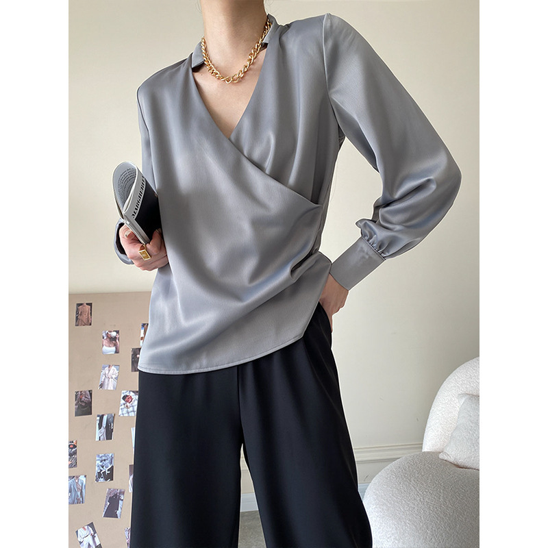 Sinan French-Style Satin Elegant Cross-Collar Drape Shirt with Unique Design, 2026 Autumn/Winter New Model Sn1240