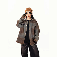 复古渐变做旧牛仔衬衫女春秋2025新款宽松潮牌街头设计感衬衣外套