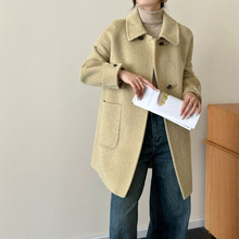 纯色羊毛大衣翻领双排扣长袖落肩袖长款毛呢外套女秋冬双面尼新款