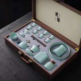 整套汝窑功夫茶具自动泡茶壶盖碗茶杯乌金石茶盘小型套装家用会客