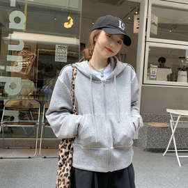 灰色外套女秋季薄款连帽卫衣开衫宽松韩版2022新款女装学生上衣服