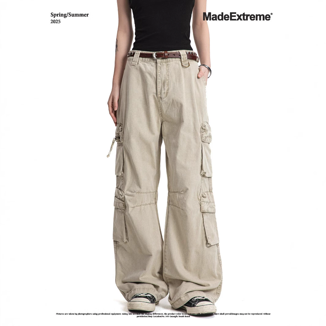 MADEEXTREME ретро американский старый свободный плиссированный трехмерный карман микро-широкие брюки для мужчин и женщин