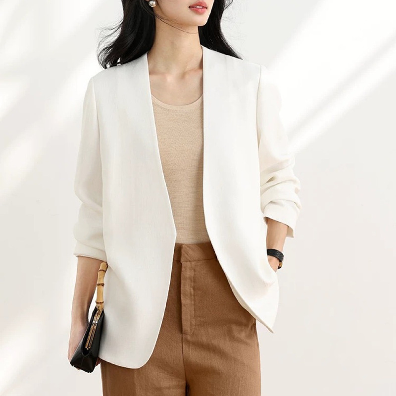 6572 Three-Color Acetate Suit 25 Summer New Elegant Collarless Jacket Loose Slimming Look Right Shoulder White Collar Formal Women