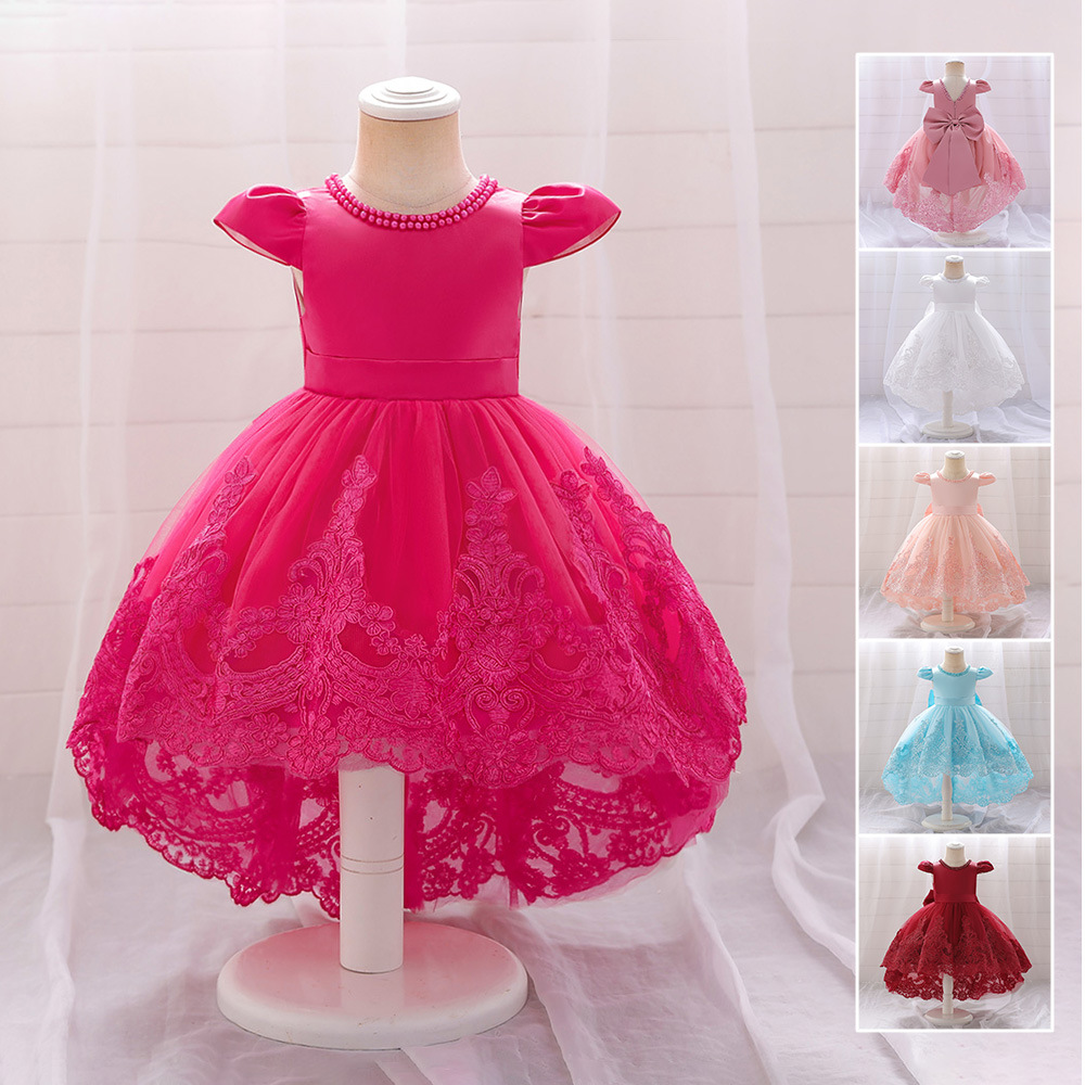 Cross-border new arrival: Flared-sleeve beaded first-birthday gown with embroidered bow, voluminous train, and floral design—perfect for children's fashion shows and performance outfits.