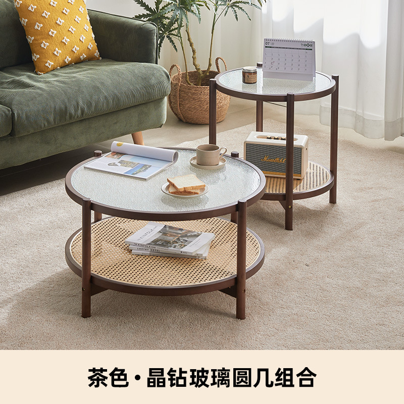 Mesa de café cristal redonda combinación casa pequeño apartamento sala estar simple sofá lado varios ratán tejido neto rojo creativo pequeña mesa redonda