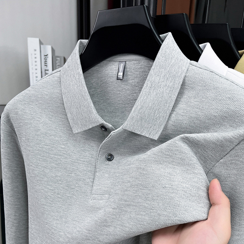 Xinjiang Long-Staple Cotton Mercerized Lapel Long-Sleeve T-Shirt for Men, 2026 Spring Season, Pique 50-Count Solid Color Men's Polo Shirt Xinjiang Long-Staple Cotton Mercerized Lapel Long-Sleeve T-Shirt for Men, 2026 Spring Season, Pique 50-Count Solid Color Men's Polo Shirt
