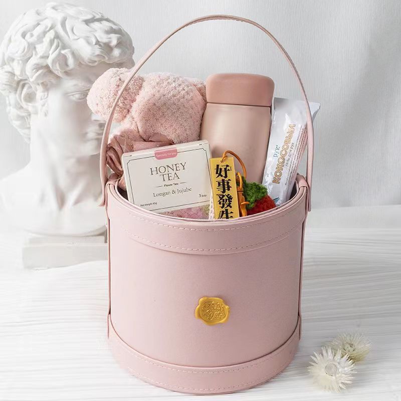 Caja de regalo complementaria, cubo para abrazos, cubo de cuero, caja de flores, caja de regalo redonda, cubo de arreglo floral coreano, caja de regalo de ramo de rosas del Día de San Valentín chino