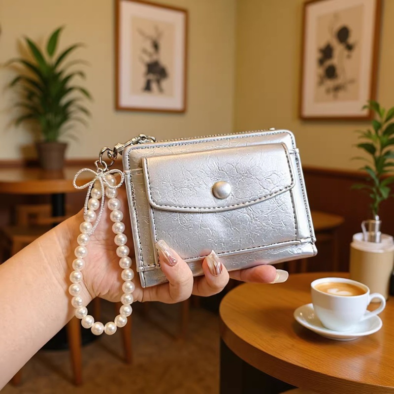 Daini Korean Version New Crackle Pattern Simple Solid Color Pearl Bow Pendant 80% off Zipper Clasp Short Wallet