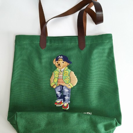 乐天日本韩国POLO带帽棒球服刺绣熊帆布包购物皮手提袋tote bag托|undefined