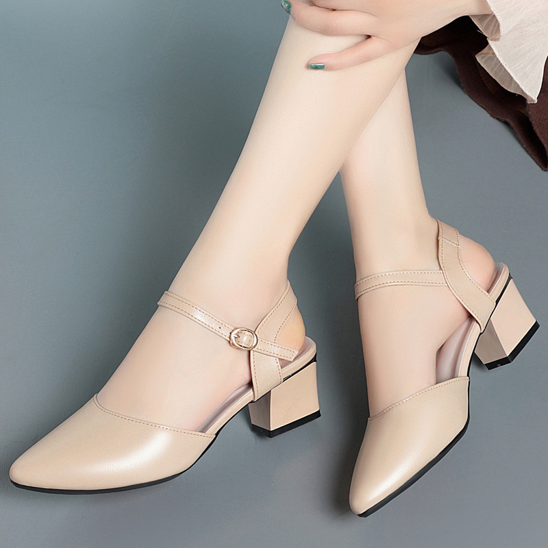 Sandal cao gót nữ mũi nhọn bít mũi da thật gót thô — Màu trắng