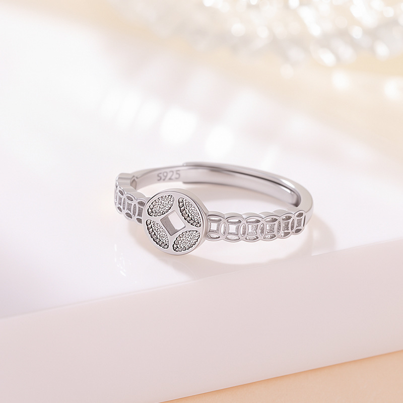 Nhẫn bạc sterling S925 hình đồng xu phong cách Trung Hoa, thiết kế mở điều chỉnh được — Một mảnh