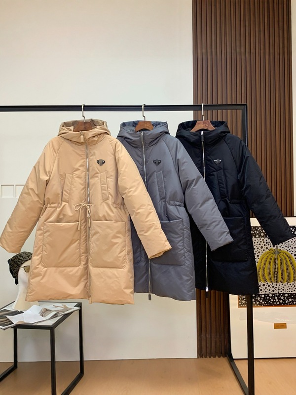 pra家冬季新款连帽收腰长款羽绒服外套女户外加厚黑色防风服装|undefined