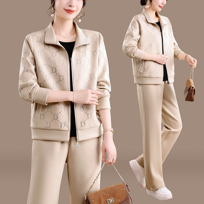 Primavera y otoño nuevo abrigo de moda para madres de mediana edad, camiseta exterior, chaqueta de tres piezas