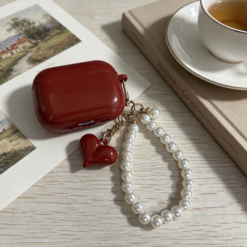 Fashionable and simple red heart-shaped pearl chain creative Apple earphone case suitable for AirPods 1/2/4 Pro 1/2 Fashionable and simple red heart-shaped pearl chain creative Apple earphone case suitable for AirPods 1/2/4 Pro 1/2