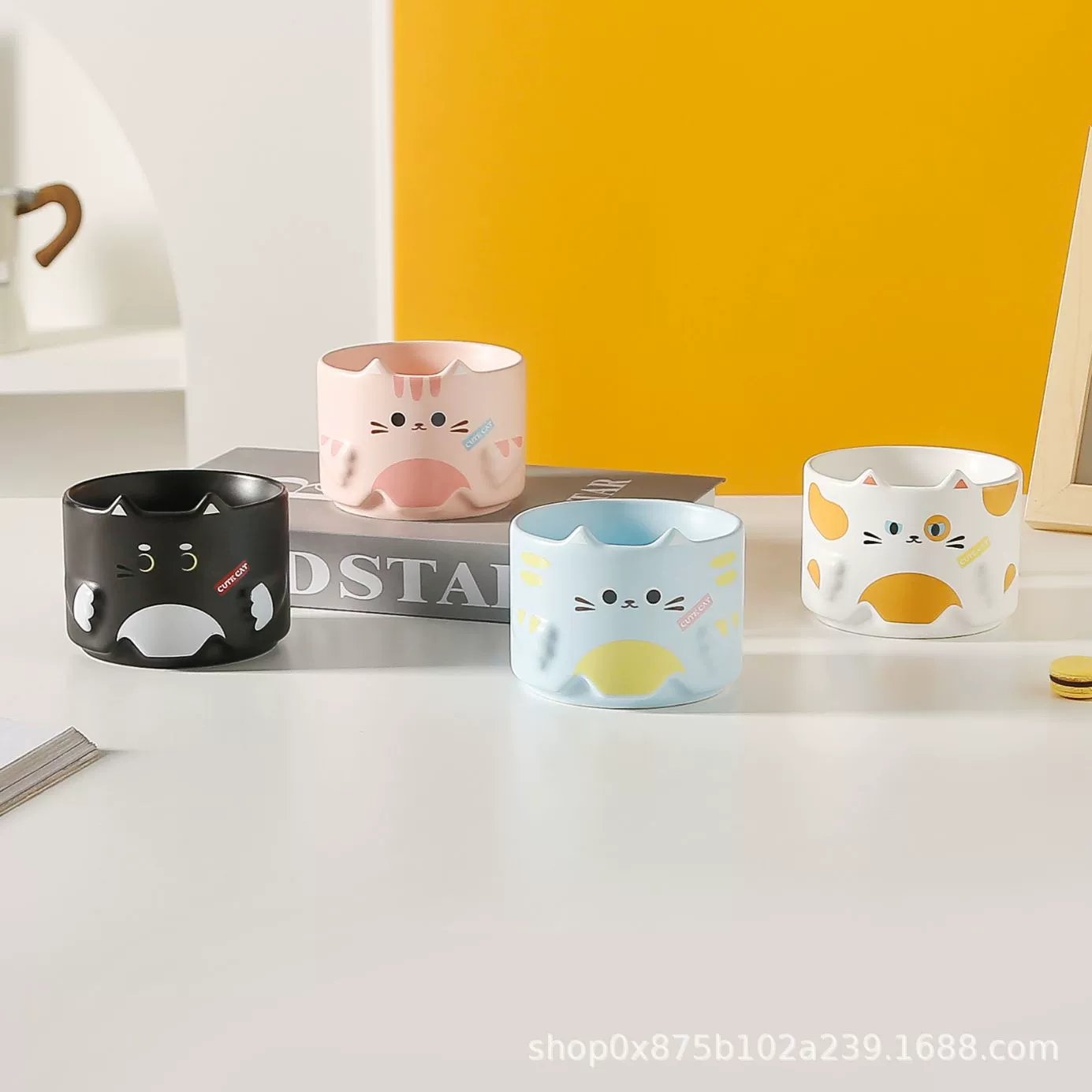 Stackable ceramic cat mugs, 301–400 ml, giftable home coffee cups, white/black/fuchsia/blue