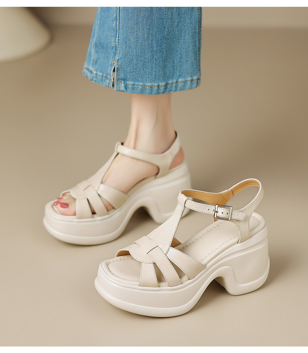 Sandal cao gót nữ đế xuồng đan lát hở mũi quai chữ T — màu trắng ngà, màu mơ chi tiết 17