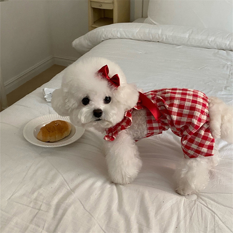 圣诞新年狗狗秋冬经典格子泰迪博美中小型犬日韩连衣裙宠物衣服|undefined