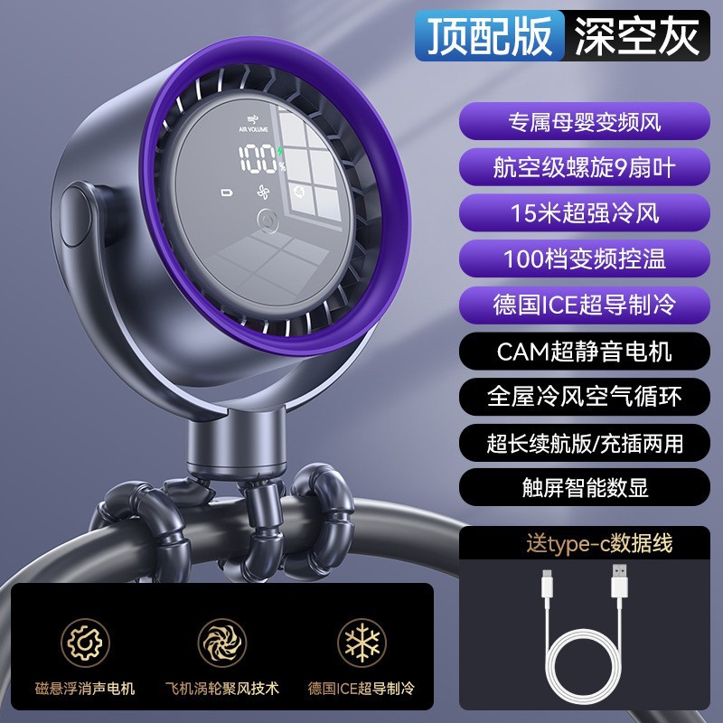 跨境新款八爪鱼风扇户外数显婴儿车循环大风力长续航摇头变频风扇