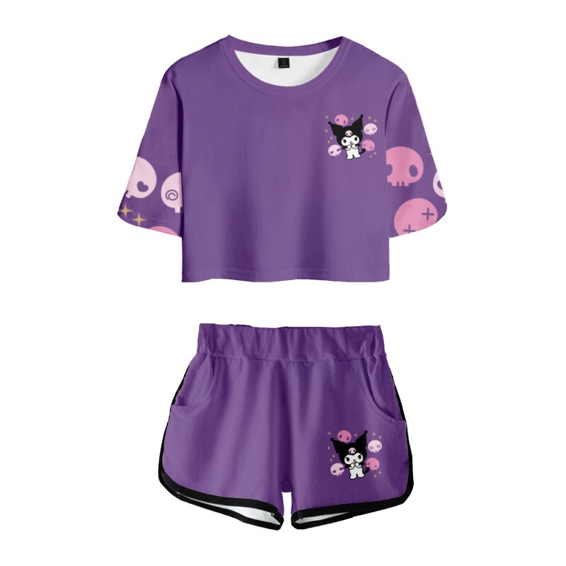 Kuromi Anime Crop Top Short-Sleeve T-Shirt and Shorts Set, Sweet Japanese-Style Cute Merchandise
