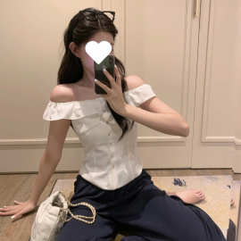 糖糖~韩系简约气质一字领收腰显瘦百搭通勤衬衫女上衣