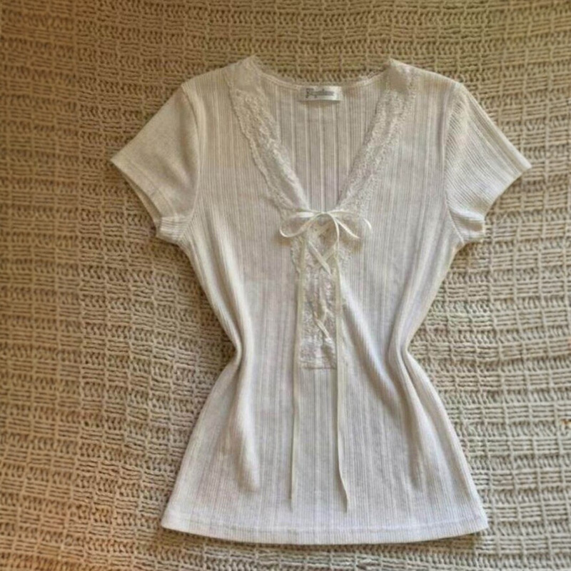 Korean-Style Lace-Trimmed V-Neck Tie Short-Sleeve T-Shirt for Women, New Summer Slim-Fit Waist-Cinching Slimming High-Street Trendy Top