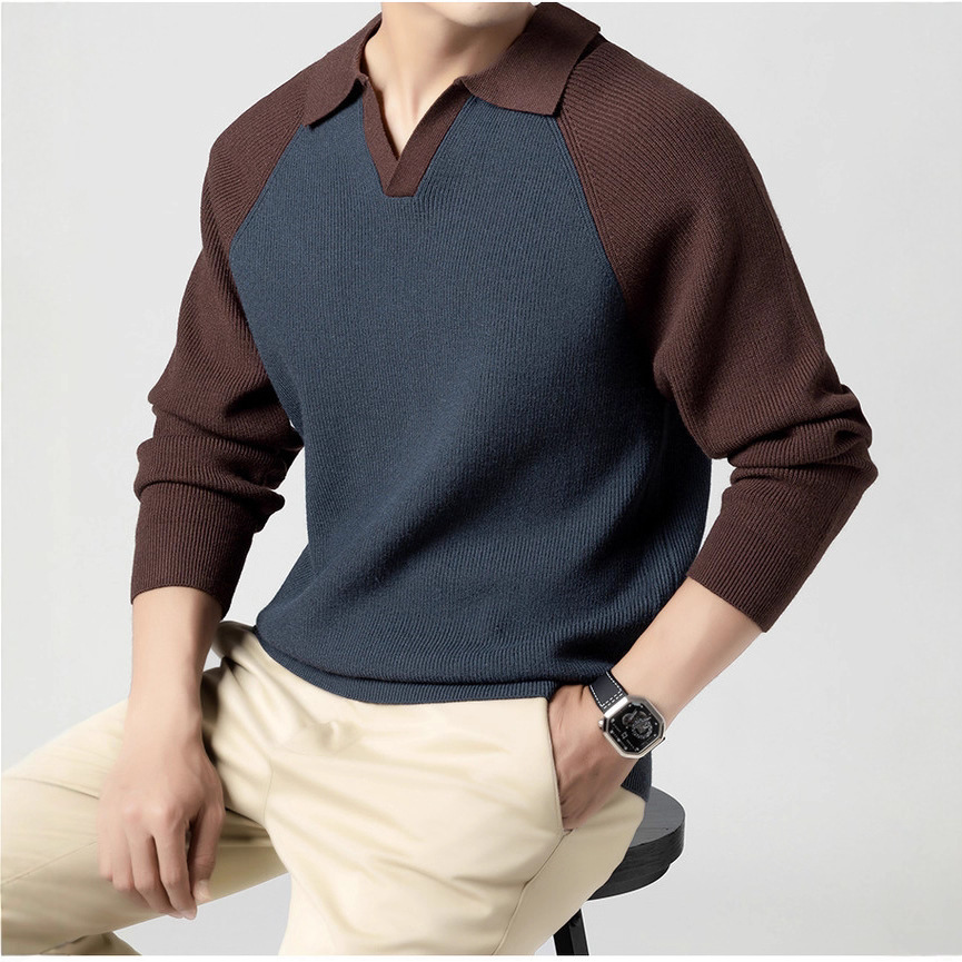 Primavera y otoño de hombre cuello polo con media cremallera suéter camiseta de punto Casual chaqueta de color contraste con solapa camiseta de punto de hombre
