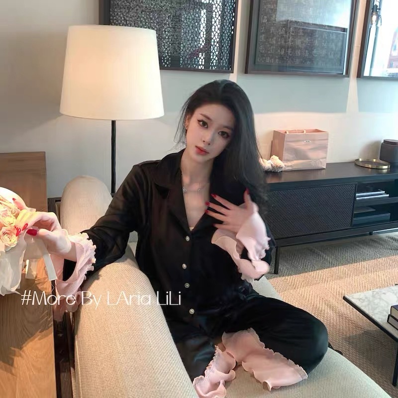 秋冬新款海岛绒睡衣女荷叶边少女甜美氛围感喇叭袖宫廷风家居服|undefined