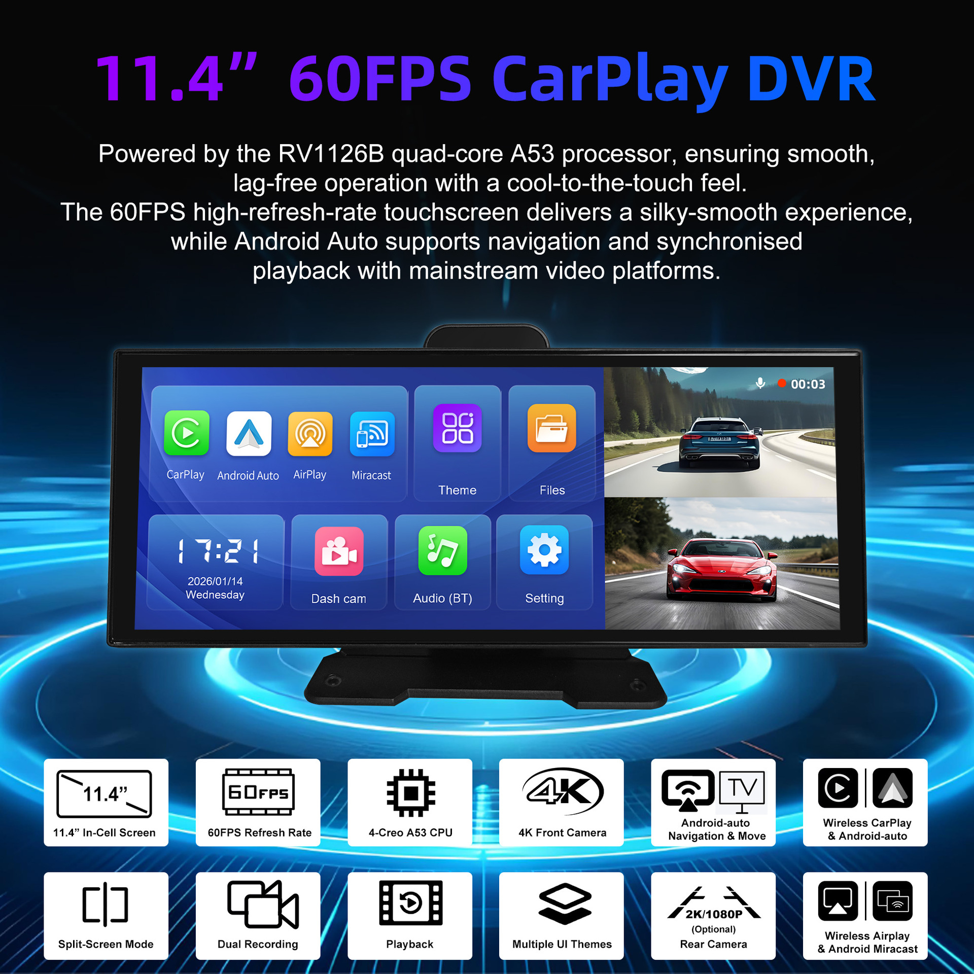 11.4-Inch 4K Driving Recorder Wireless Carplay Smart Screen Car Navigation Car Adas Recorder
