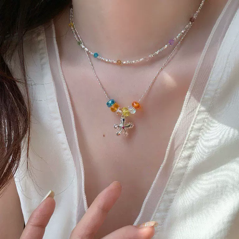 童趣彩豆豆花朵吊坠项链碎银子简约可爱趣味少女心闺蜜同款锁骨链