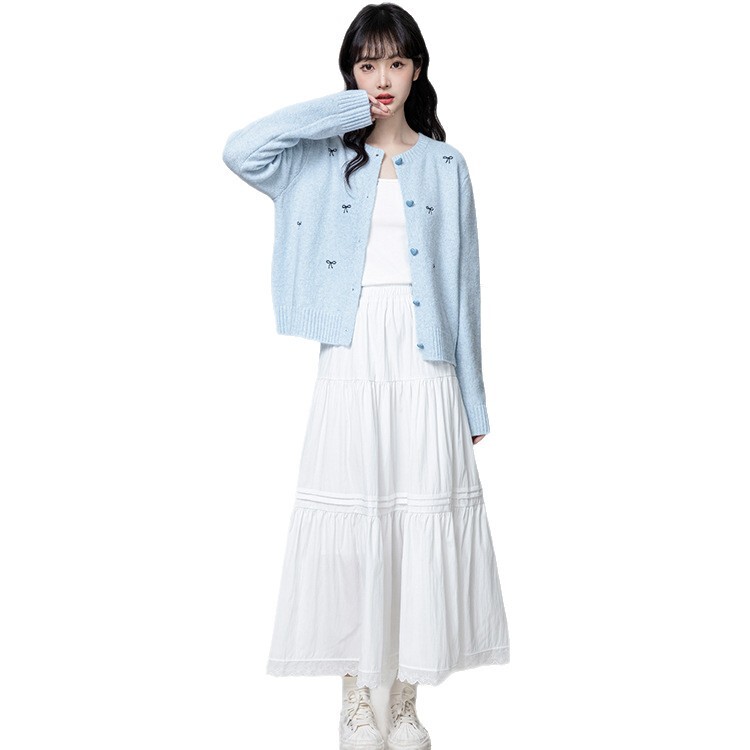 蓝色圆领针织开衫女2025春秋新款宽松设计感薄款毛衣外套短款上衣|undefined
