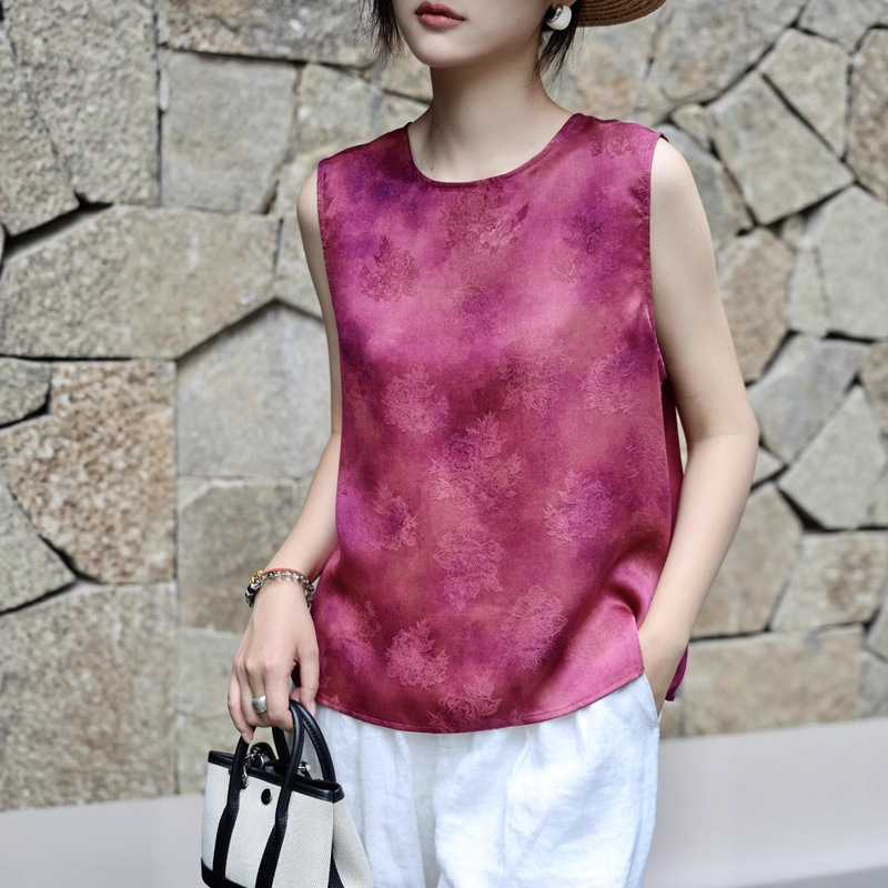 Nanyou Women's New Chinese Style Silk Fragrant Cloud Yarn Jacquard Sleeveless Shirt 2025 Summer Round Neck Easiest for Match Vest Top