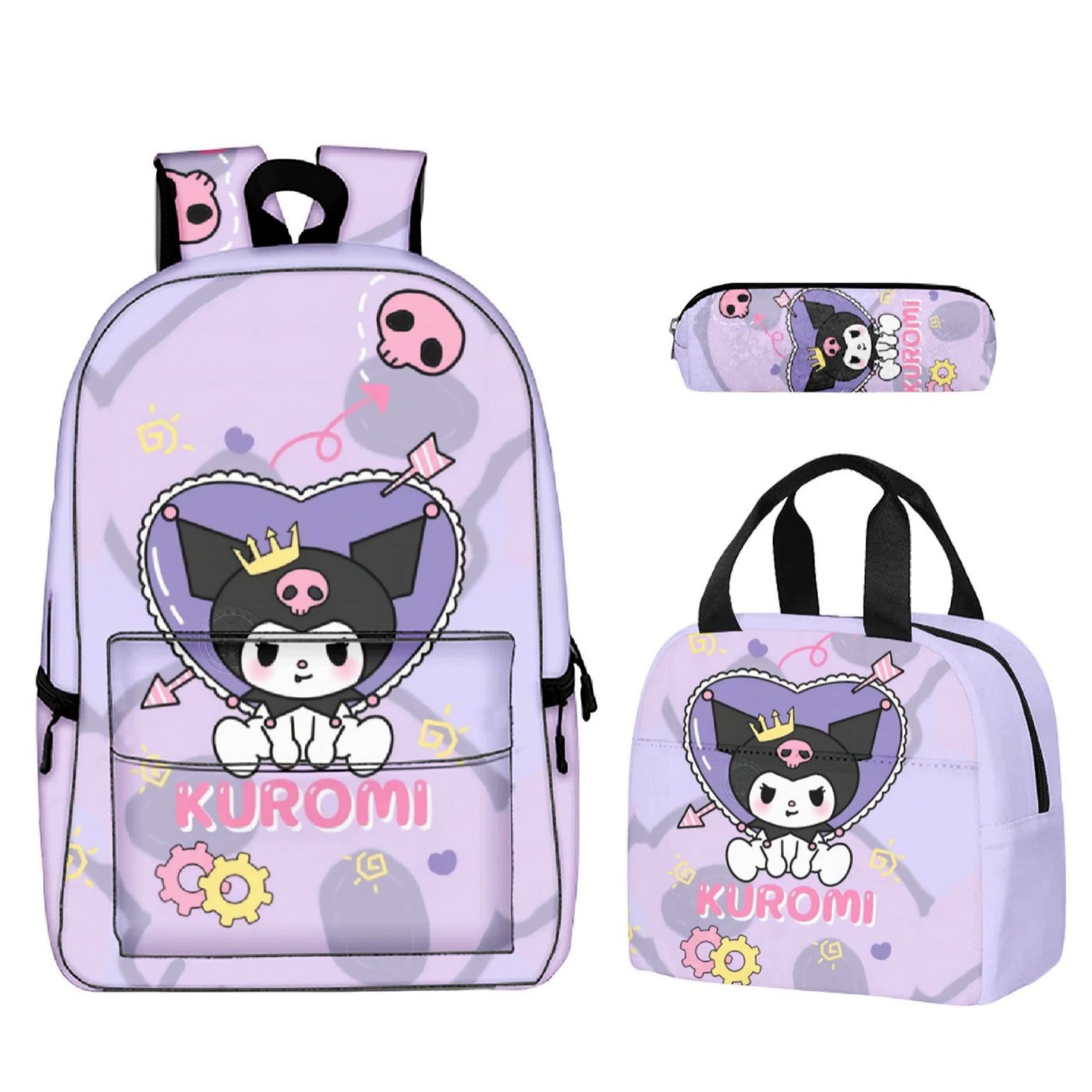 Kuromi Kuromihellokitty сумка-рюкзак для школы, термо-ланчбокс, сумка для ручной переноски, пенал — комплект из трех предметов