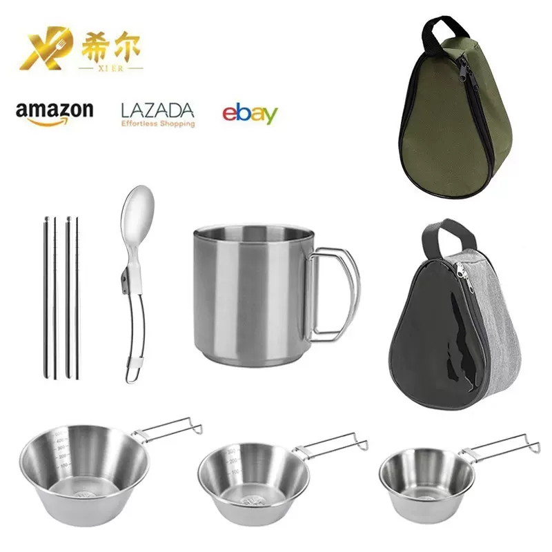 304不锈钢户外折叠餐具套装双层保温折叠杯雪拉碗野餐露营套装
