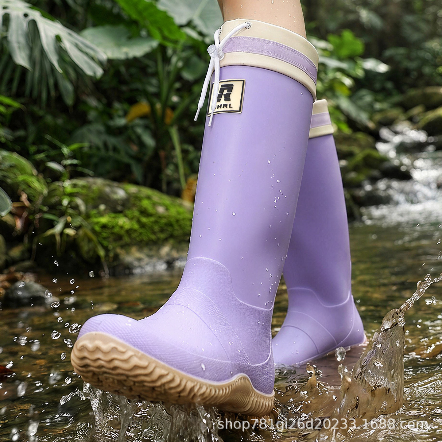 Cross-border men's high-top fashion rain boots, women's plush-lined water shoes, non-slip outdoor wear-resistant waterproof rubber shoes