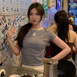 原单RR斜肩绑带设计感短袖T恤女夏季修身显瘦百搭辣妹露肩上衣