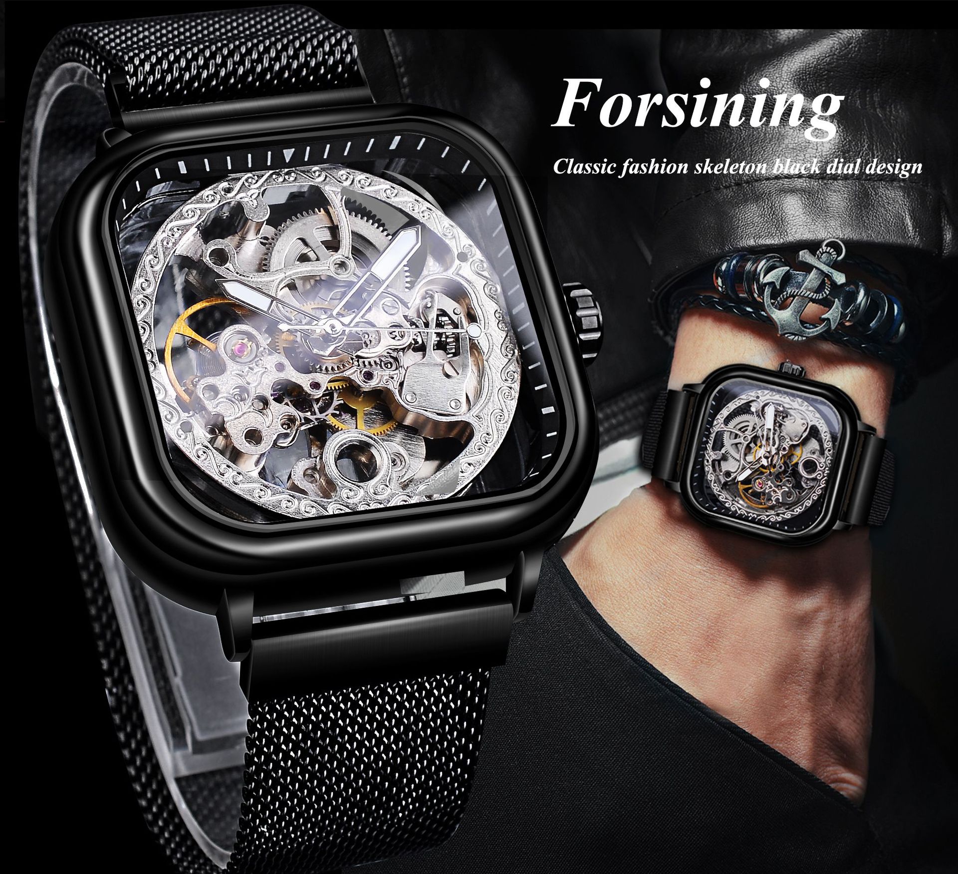 Forsing Hollow Men's Fully Automatic Mechanical Watch Square Dial Mesh Band Watch_voghion.com