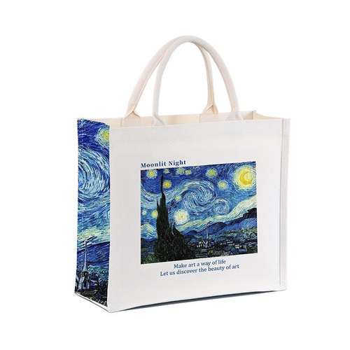 Vincent van Gogh White Rose Starry Night Canvas Bag Retro Oil Painting Canvas Tote Custom Casual 3D Laminated Handbag