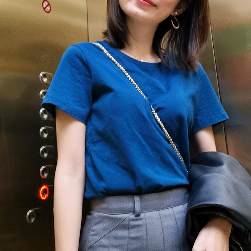 2025 New Classic Popular Color Sapphire Blue Peacock Short-Sleeved Cotton Loose Versatile Spring and Summer White T-Shirt for Women 2025 New Classic Popular Color Sapphire Blue Peacock Short-Sleeved Cotton Loose Versatile Spring and Summer White T-Shirt for Women