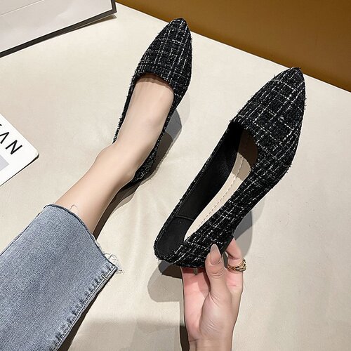 2025 Spring New Korean Style Pointed Toe Single Shoes Fashion Checkered Low-Top Flat Shoes Bead Women's Shoes Wholesale