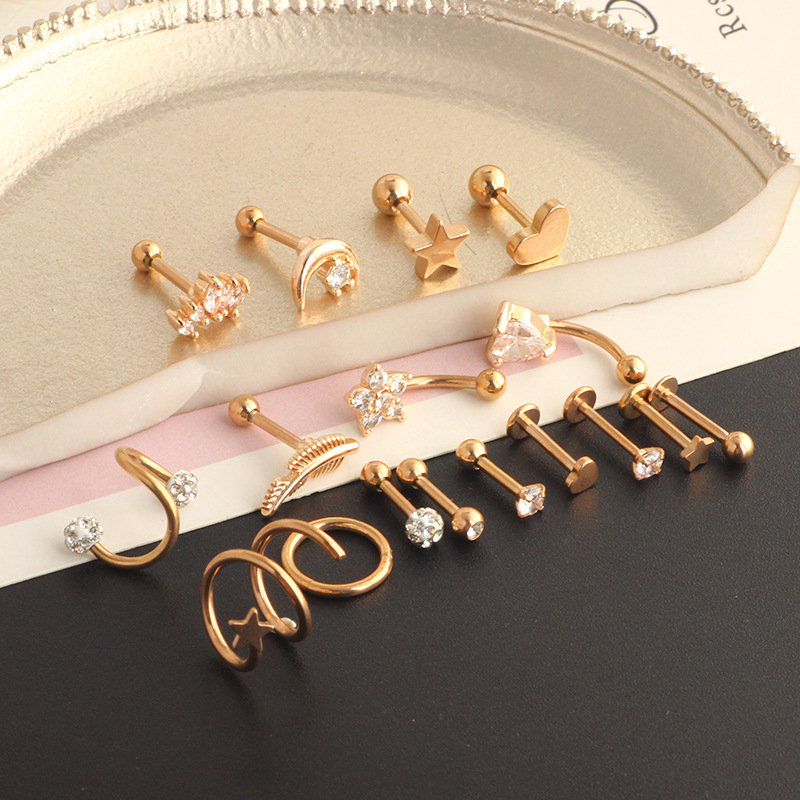 17pcs Stainless Steel 16G Ear Piercing Set: Love Earrings, Ear Clip, Ear Nail, Cartilage Studs detail image 8