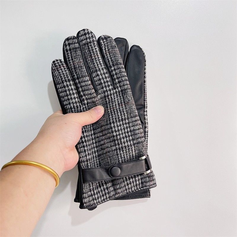 British classic check leather patchwork men's winter warm anti-cold lined thick cycling electric bike gloves